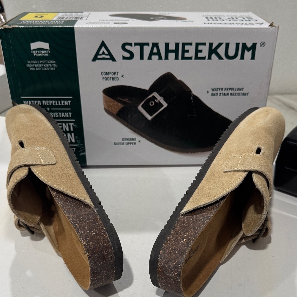 STAHEEKUM Women's Suede Slip-On Mules in Beige